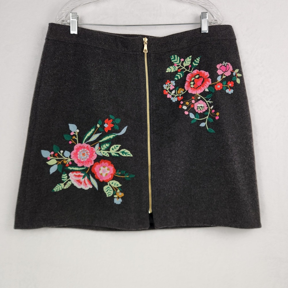Loft Embroidered Floral A-Line Skirt Women 16 Gray Wool Blend Front Zip Mini